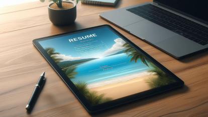 A sleek resume on a tablet, with a backdrop of a beach and laptop